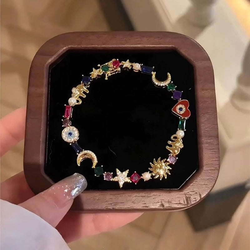 🌌 Celestial Charm Bracelet - 14K Gold Plated Sun, Moon & Star Jewelry with Vibrant Crystals