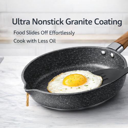 🍳 8" Granite Stone Nonstick Frying Pan - PFOA-Free Skillet with Pour Spout & Stay-Cool Wood Handle