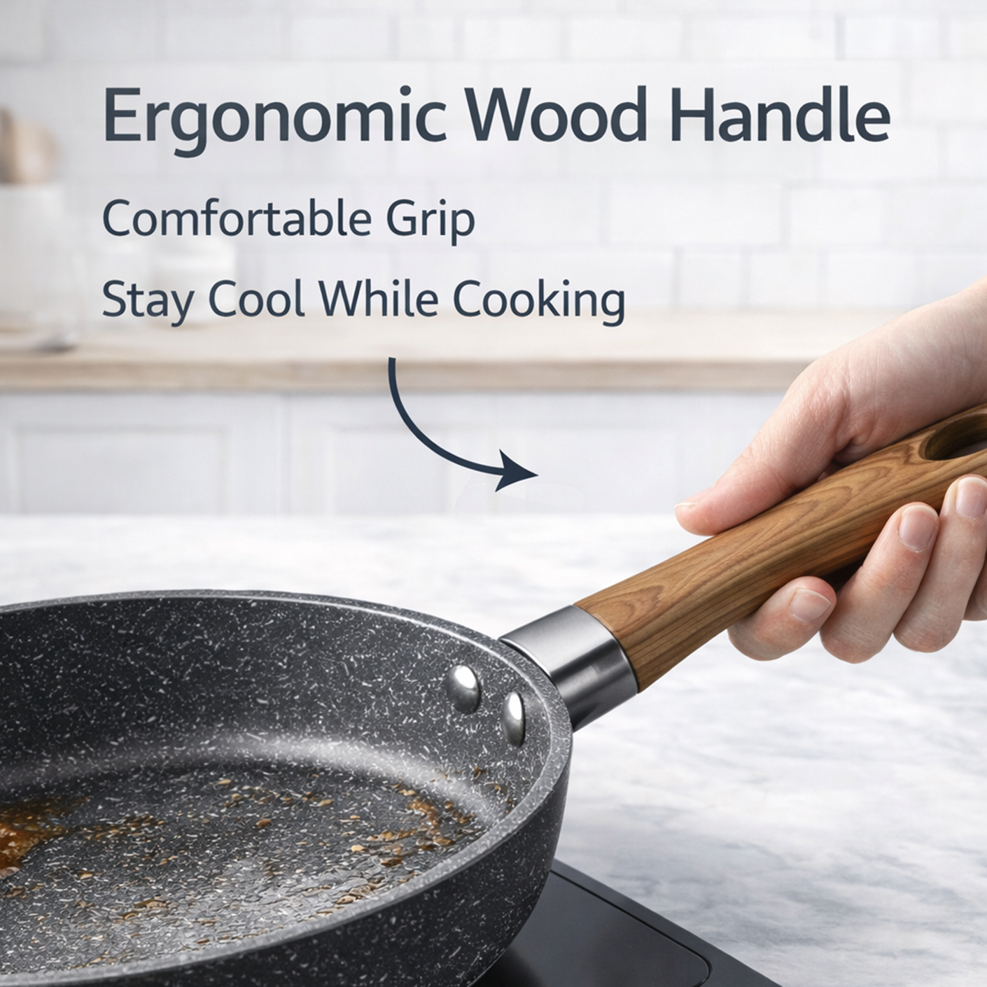 🍳 8" Granite Stone Nonstick Frying Pan - PFOA-Free Skillet with Pour Spout & Stay-Cool Wood Handle