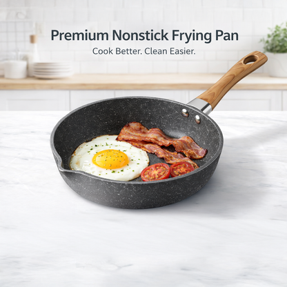 🍳 8" Granite Stone Nonstick Frying Pan - PFOA-Free Skillet with Pour Spout & Stay-Cool Wood Handle