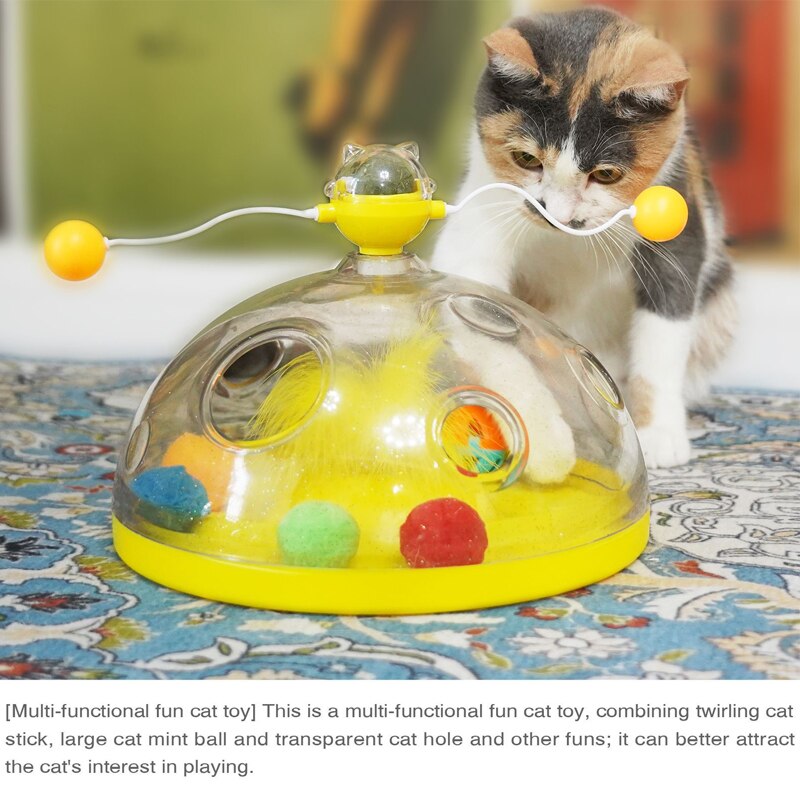 🎡 Windmill Spinning Cat Toy - Suction Cup Interactive Chaser with Catnip & Grooming Tickle Brush