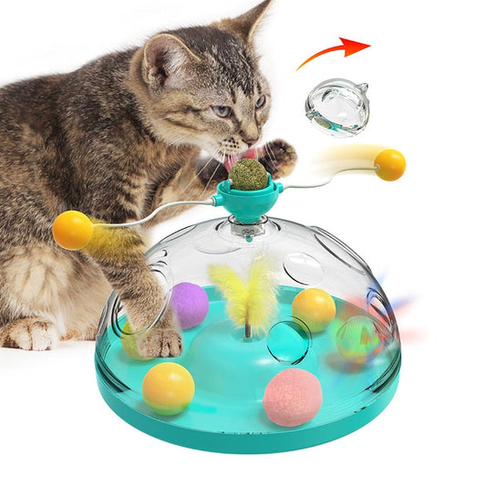 🎡 Windmill Spinning Cat Toy - Suction Cup Interactive Chaser with Catnip & Grooming Tickle Brush