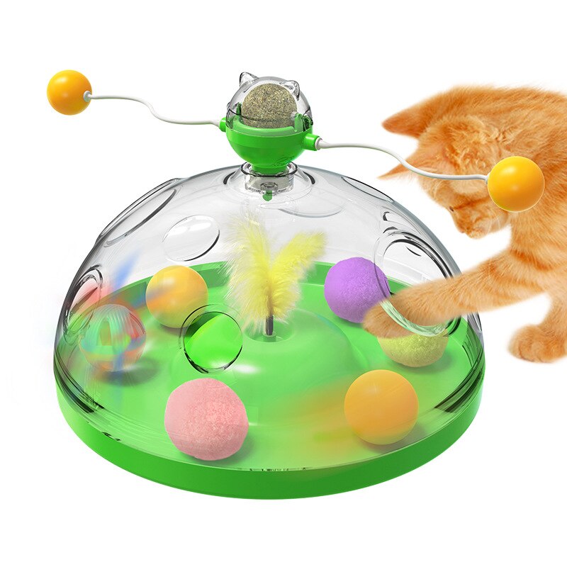 🎡 Windmill Spinning Cat Toy - Suction Cup Interactive Chaser with Catnip & Grooming Tickle Brush