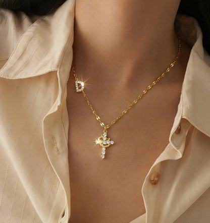 Initial Crown Cross Faith Necklace