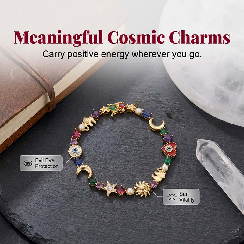 🌌 Celestial Charm Bracelet - 14K Gold Plated Sun, Moon & Star Jewelry with Vibrant Crystals