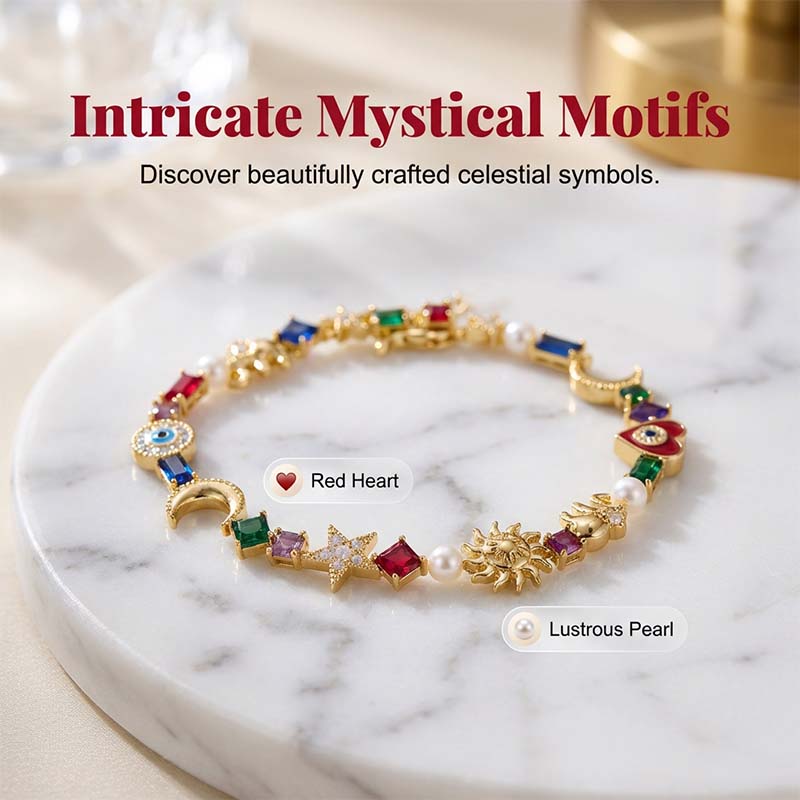 🌌 Celestial Charm Bracelet - 14K Gold Plated Sun, Moon & Star Jewelry with Vibrant Crystals