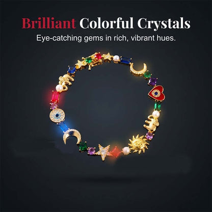 🌌 Celestial Charm Bracelet - 14K Gold Plated Sun, Moon & Star Jewelry with Vibrant Crystals