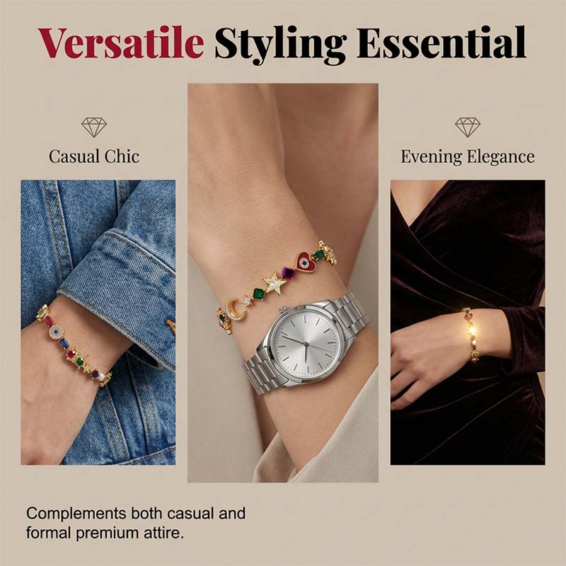🌌 Celestial Charm Bracelet - 14K Gold Plated Sun, Moon & Star Jewelry with Vibrant Crystals