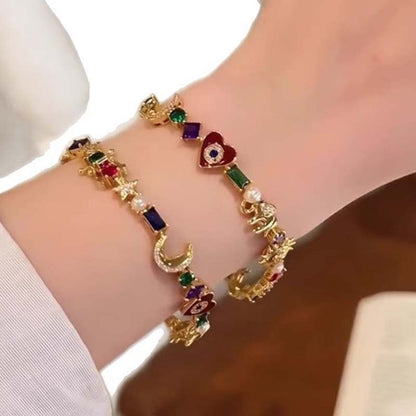🌌 Celestial Charm Bracelet - 14K Gold Plated Sun, Moon & Star Jewelry with Vibrant Crystals